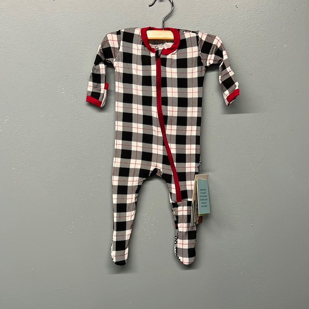 Khaki pants, Footie with zipper, midnight holiday plaid